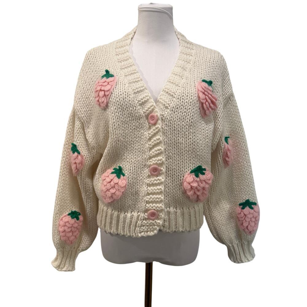 3D Strawberry Applique Chunky Knit Cardigan Cottagecore Coquette Kawaii Sweater
